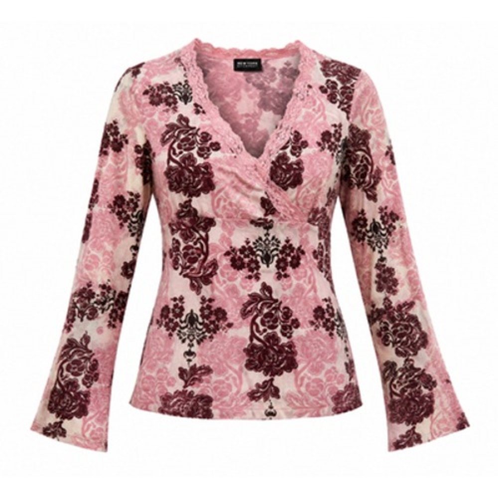 y2k New York & CoBlouse Womens XL Pink Floral Mesh Lace V Neck Long Sleeve Top